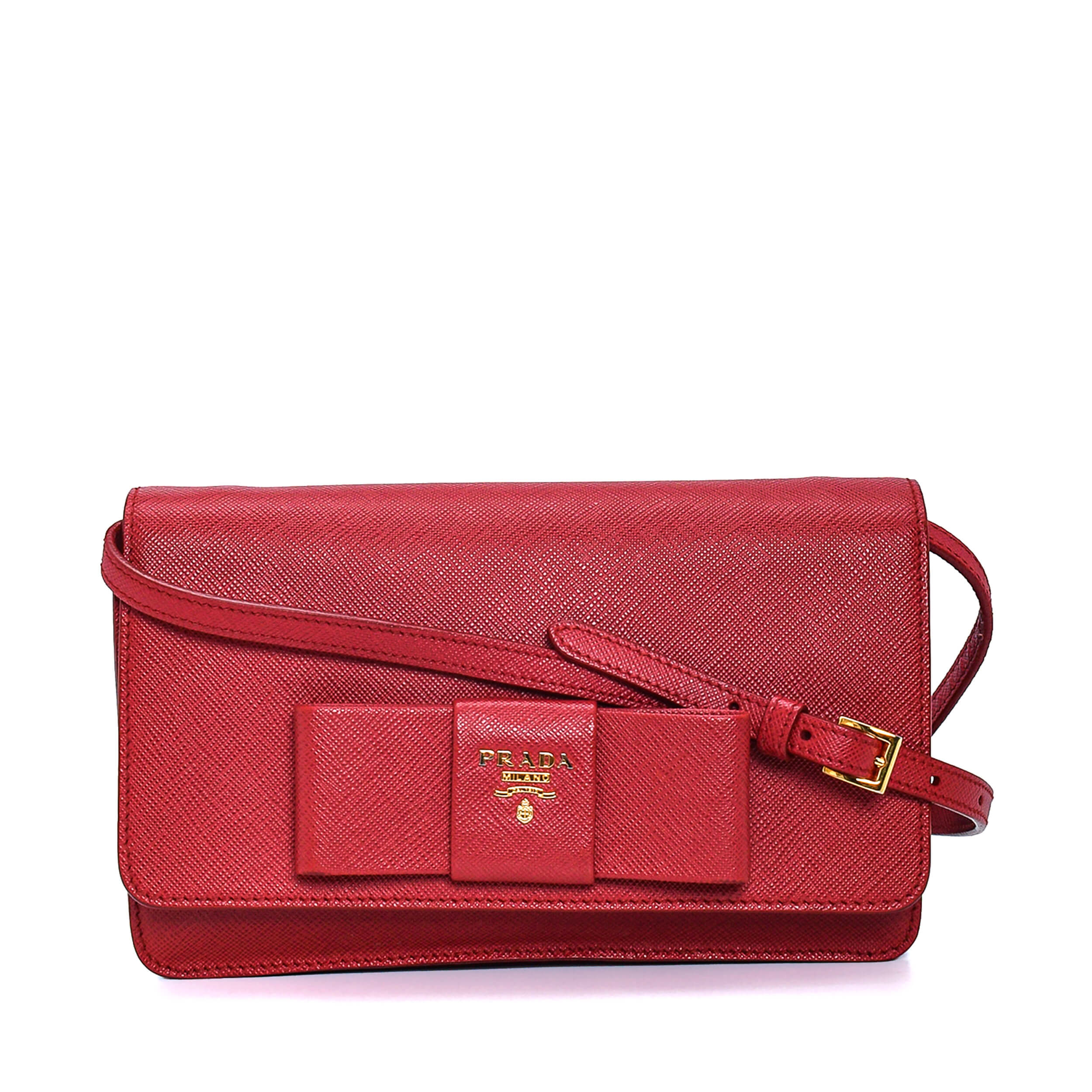 Prada - Red Saffiano Leather Ribbon Wallet On Chain WOC Bag